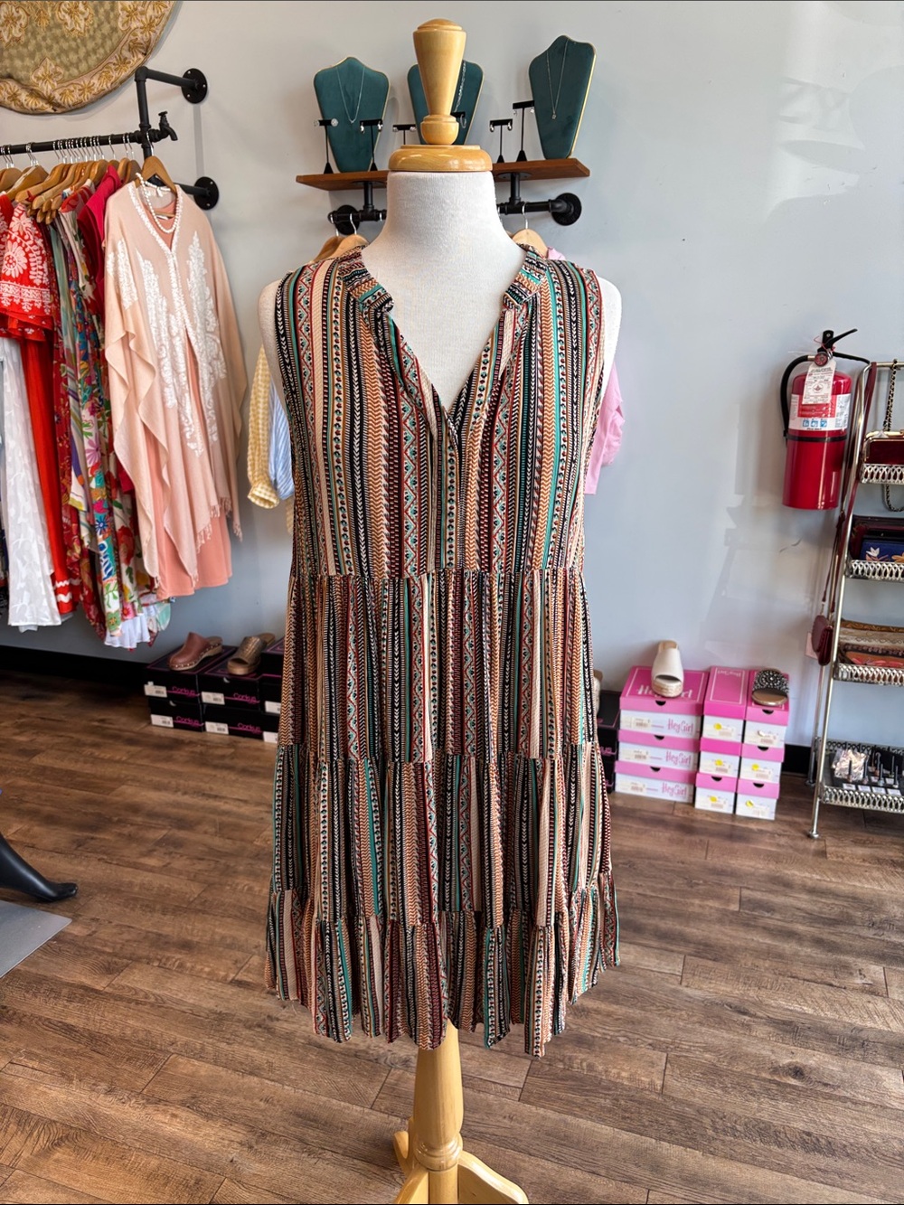 Easel Bohemian Striped Tiered Sleeveless Dress - Tan/Teal/Burnt Orange